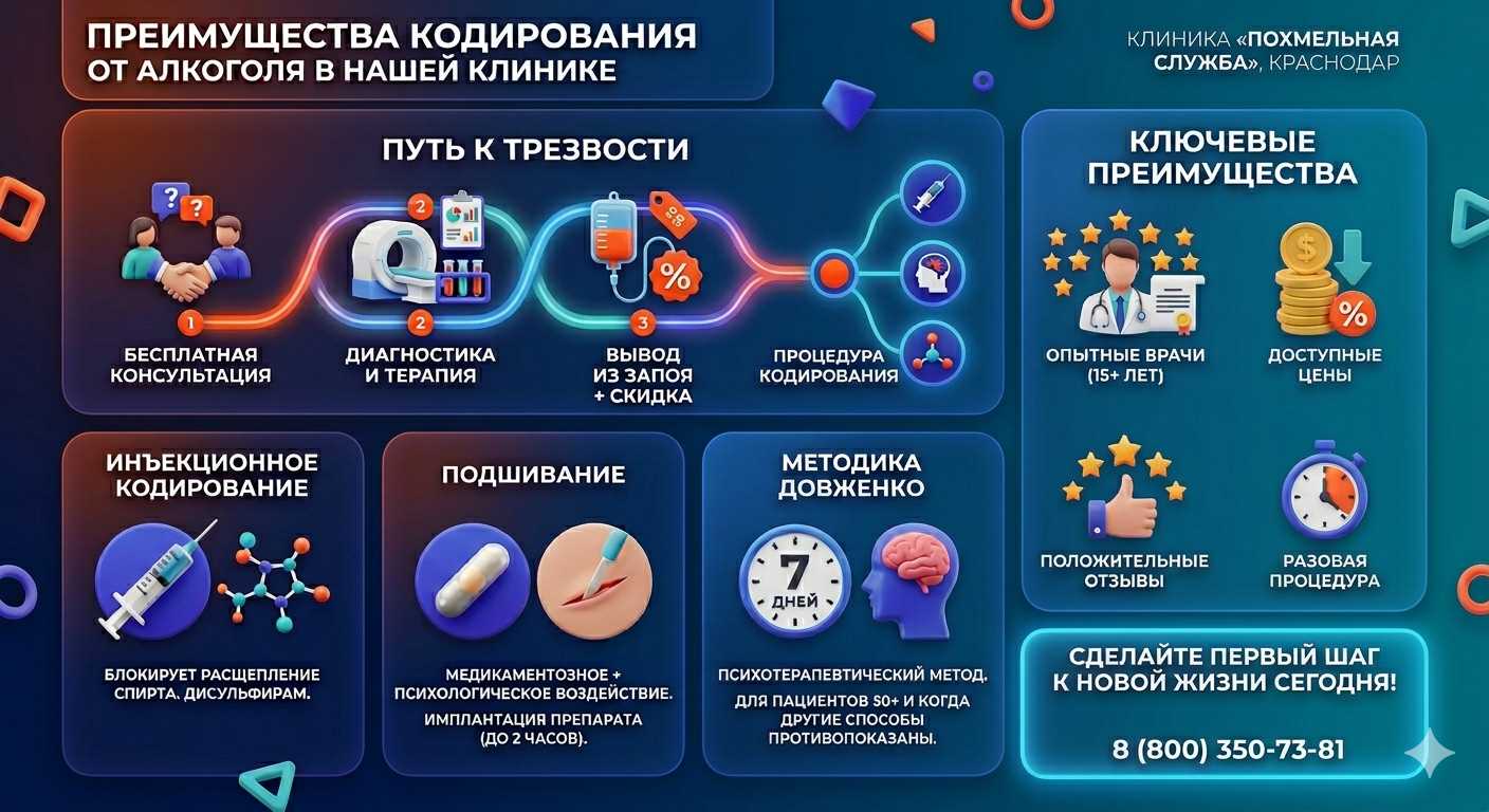 Инфографика о методах кодирования от алкоголя в Бериславе: инъекции, подшивание, метод Довженко. Преимущества клиники и этапы лечения.